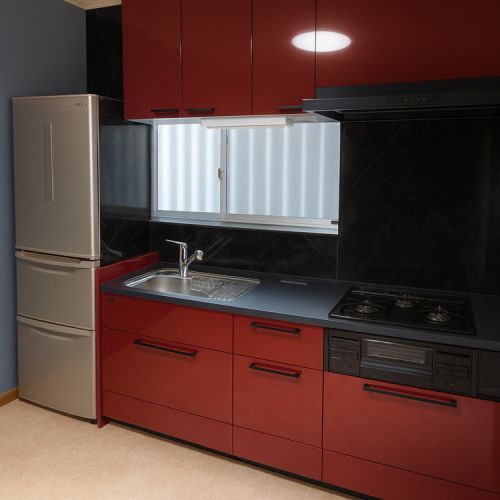 赤いキッチンの写真